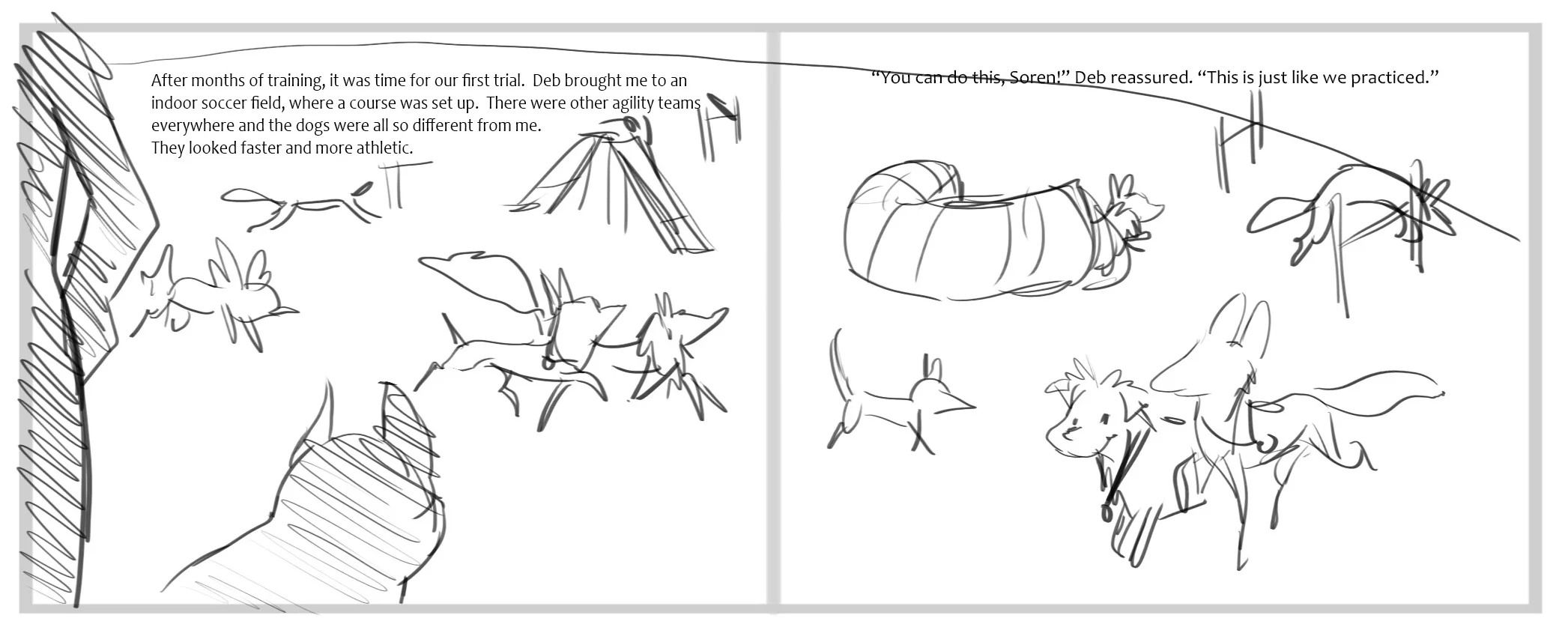 This sample page from the dummy book for Soaring Soren, shows how the illustrator develops the concept of the art that goes with text from the manuscript. 