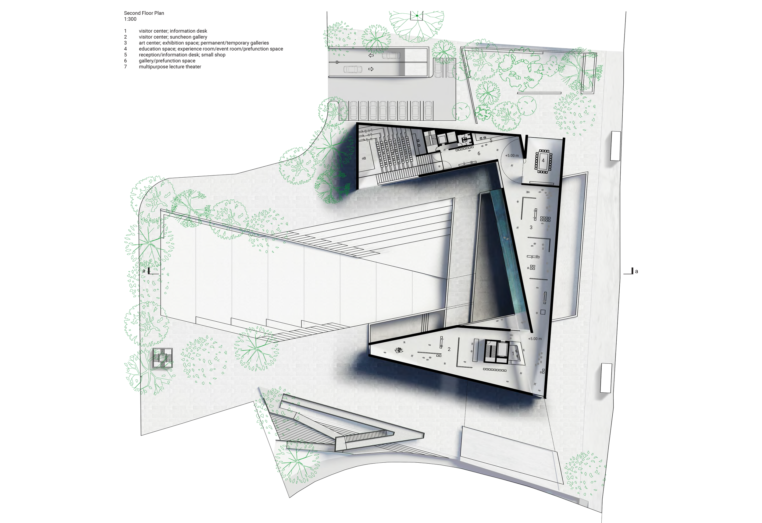 SECOND FLOOR PLAN Second Floor Plan with main galleries, auditorium, and community facilities.