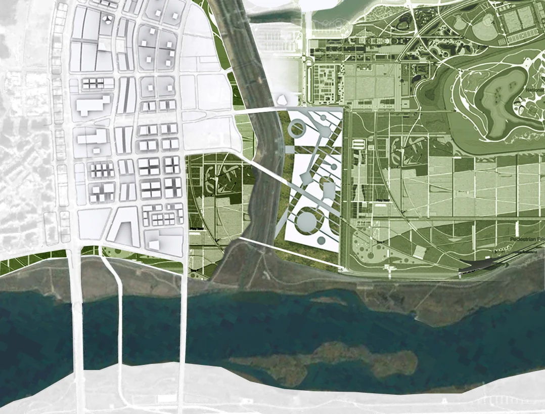 URBAN CONTEXT The National Museum Complex of Korea’s Administrative City is located across a stream from the city’s soon to becity center to the West. To the East lies the city’s primary park and “green heart.” The National Museum Complex occupies a threshold between these two spatial conditions on a greenfield site. Our proposal creates multiple “sites” within this newly formed site. Voids located between museums are either completely internalized with selective openings to the park and water front or located on the edge of the site forming generous connections to the water front and park alike.