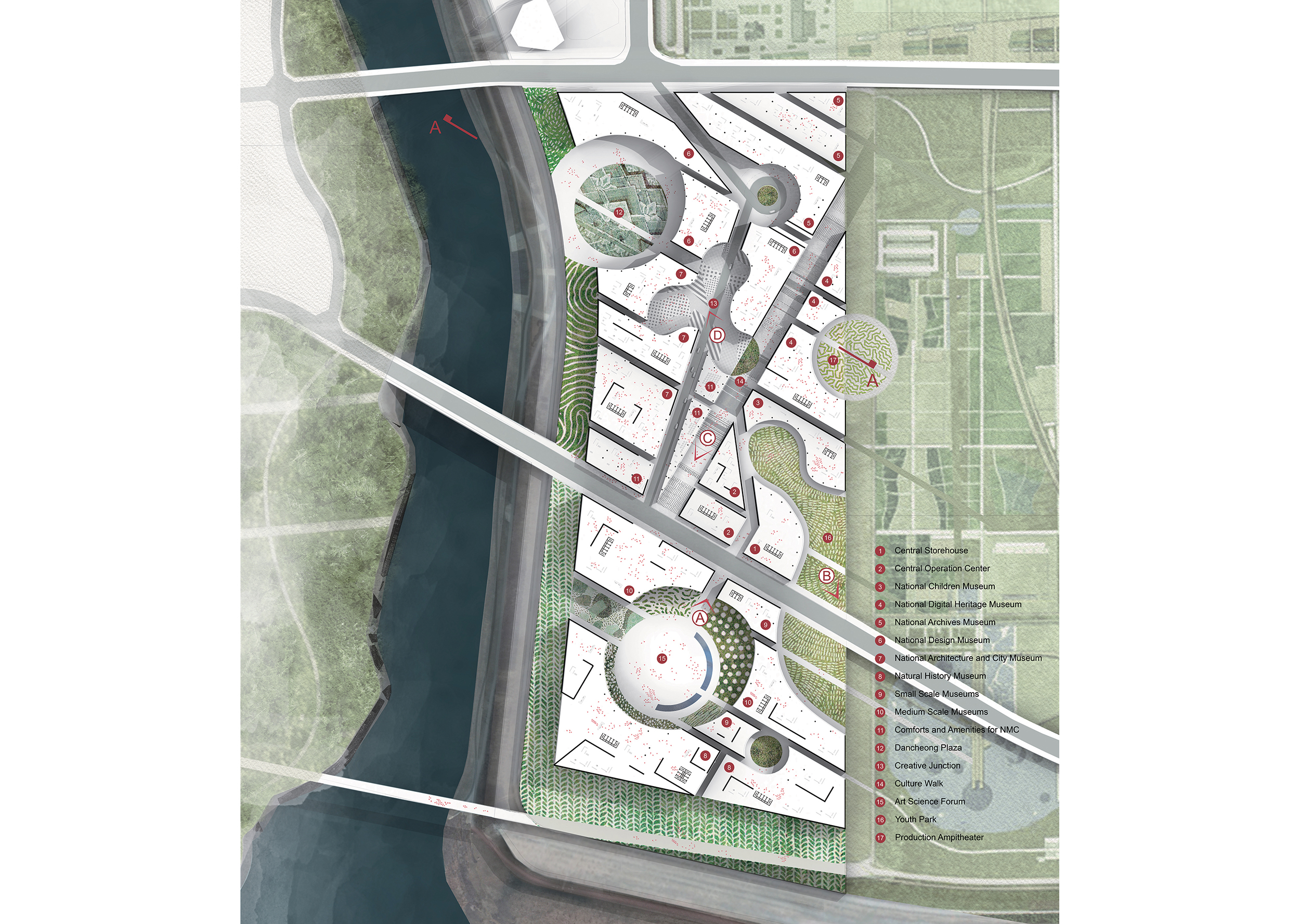 SITE PLAN Each museum is oriented around a major void of public space. Phase two is built at the South end of the site comprising the Natural History Museum, two Small Scale Museums, and two Middle Scale Museums, each oriented around a single large public plaza. The basement and garage contain ample parking and art storage oriented around a central spine of circulation connected to loading docks and elevator cores of all the museum and comfort and amenity programs and