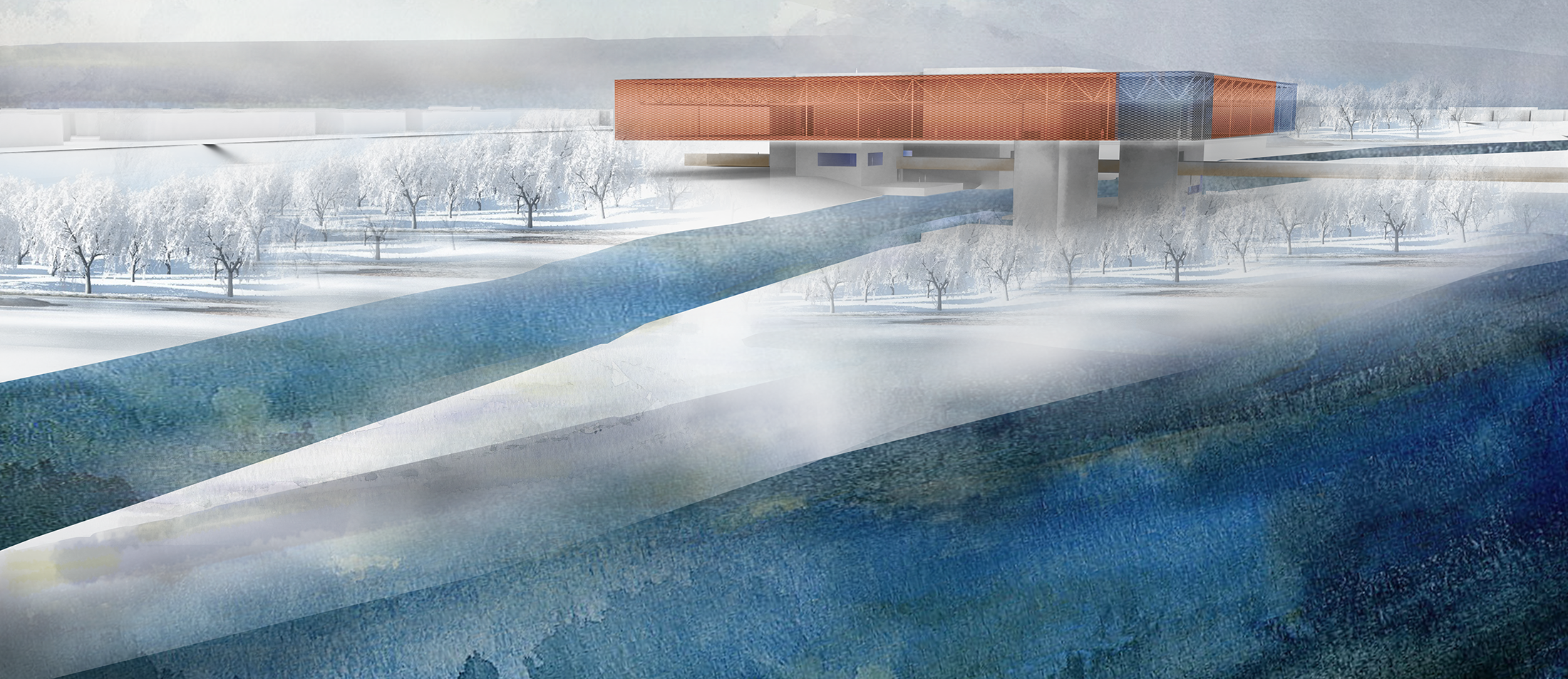 EXTERIOR AND SITE The Kaunas Science Platform is located at the on the edge of land and water. The elevated position of the building allows dramatic views down and across the river while facilitating urban and park connections with a minimal footprint and maximizing public space. The building is clad in semi-transparent copper mesh. the color relating to the brick and tile roofs of the old city. This skin unifies the building form yielding an ethereal appearance while revealing spaces behind whether space enclosed with glazing or open voids. During the summer months, the building blends into the landscape with earth tones and a roof planted with native species forming an elevated public garden with views of the river and the old city. In the winter, the copper clad building stands out as a beacon in the snow covered surroundings of Kaunas.