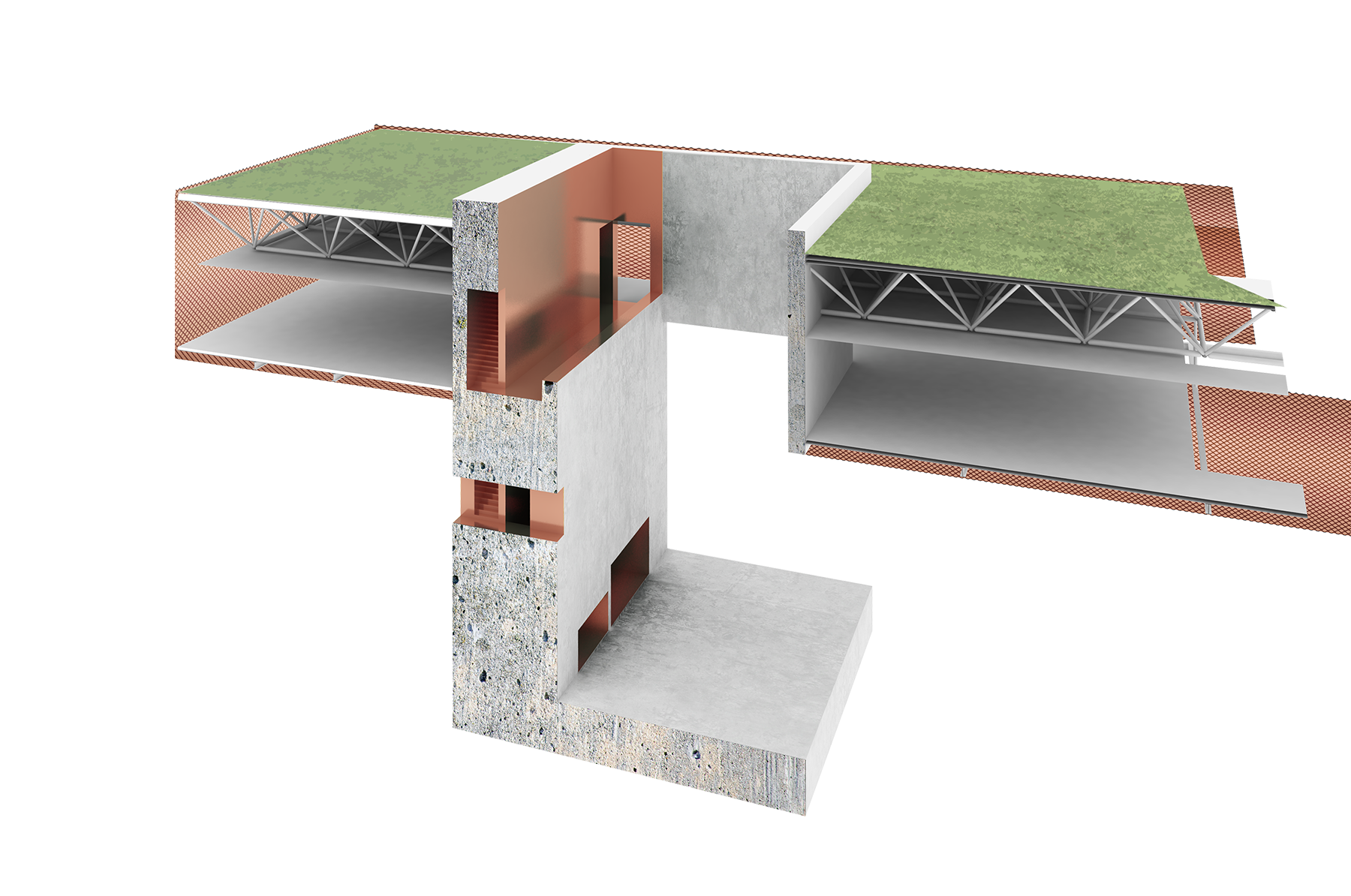SKYROOM CORE AND TERRACE Voids in the floor plate create contemplative viewing "rooms" to the sky and landscape.