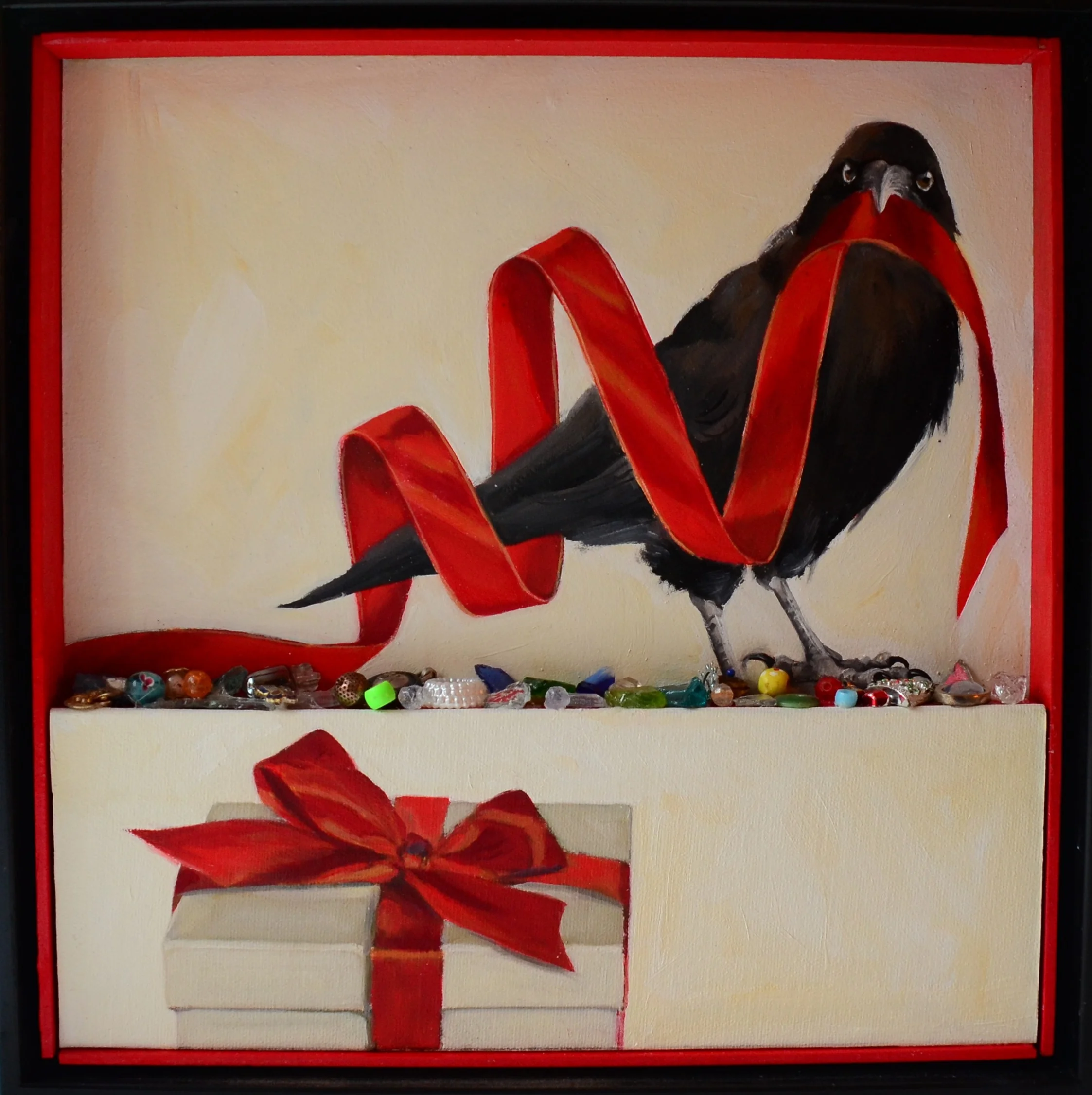 CROW WITH RED RIBBON (THE GIFT GIVER)