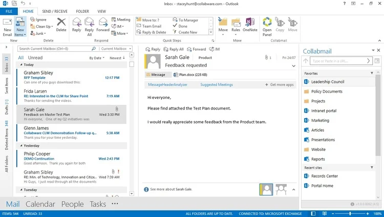 Navigate SharePoint locations and libraries within Outlook.