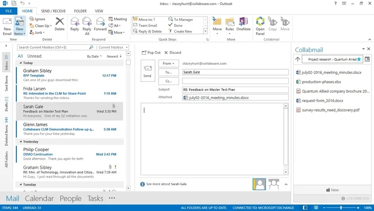 Drag and drop content to and from SharePoint without leaving Outlook.