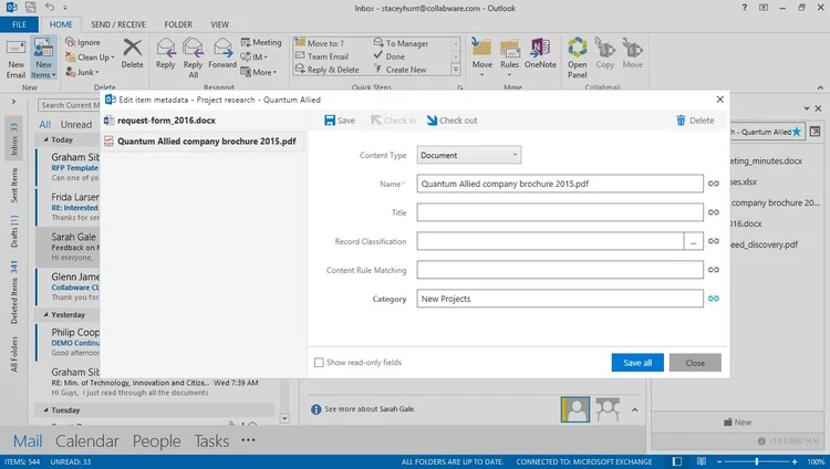 Bulk edit SharePoint metadata without leaving Outlook.