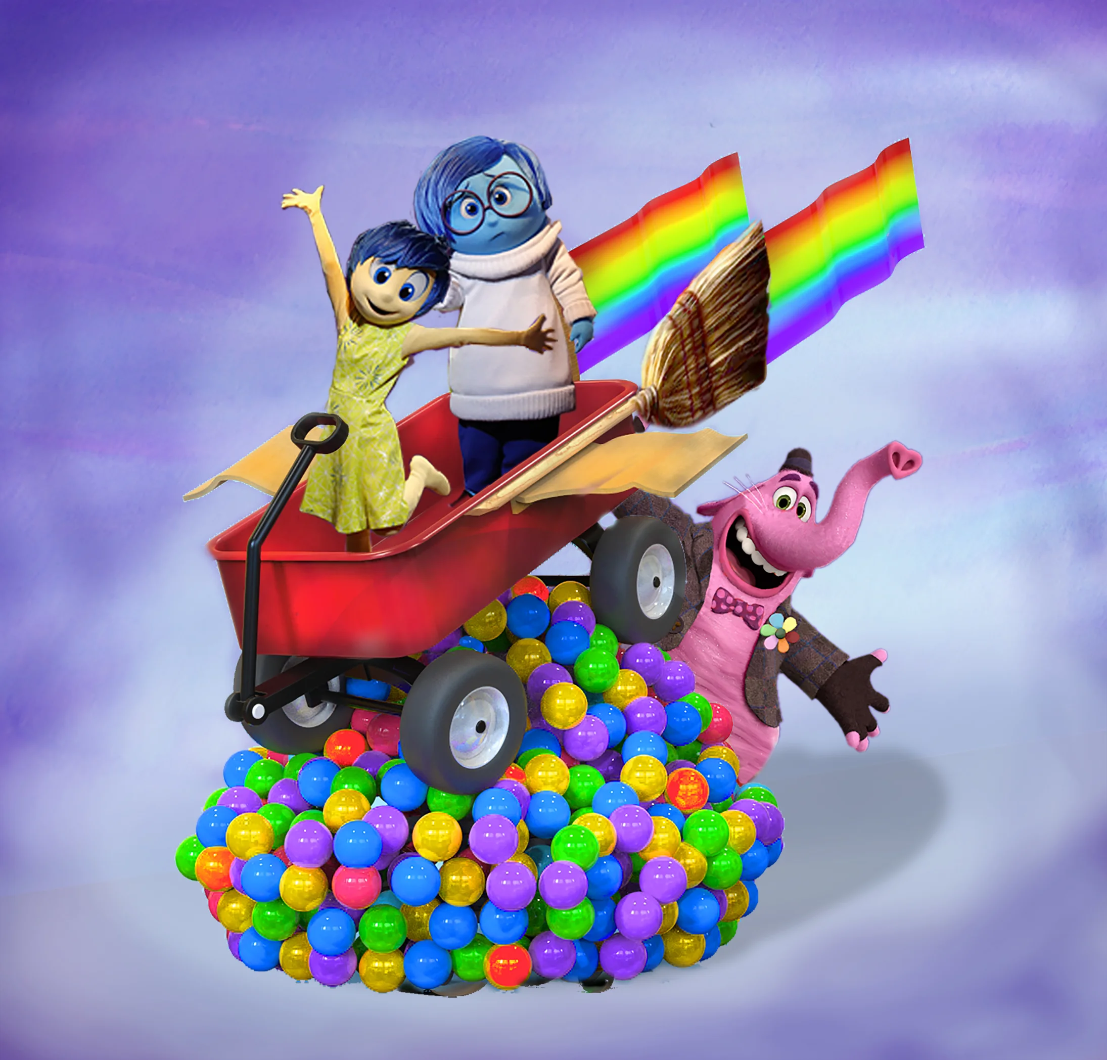 Another popular Pixar story coming to Pixar Play Parade is “Inside Out.” Perched atop colorful memory orbs, Joy and Sadness take flight aboard Bing Bong’s rocket wagon, with Bing Bong himself cheering them on!