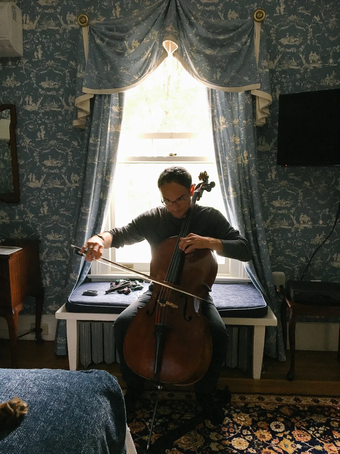 Adam practicing in our room at the Birchwood Inn. #dedication