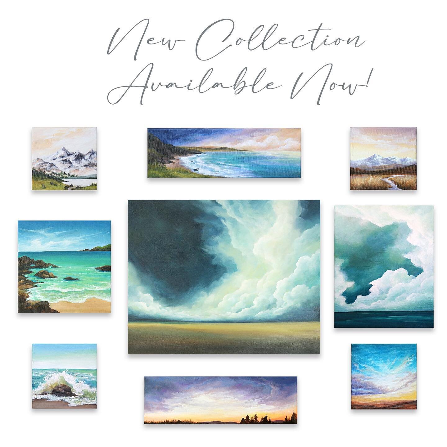 At long last, my spring collection is available on my website!  Because I have the attention span of a squirrel, this collection is very eclectic with a fun mix of tropical seascapes, warm neutrals and some ka-pow dramatic cloudscapes.  Follow the li