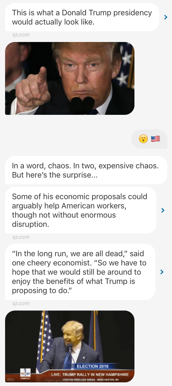 The flow of a typical "story" in the Quartz app often contains multiple visual elements and lots of charm, like this story about Donald Trump.