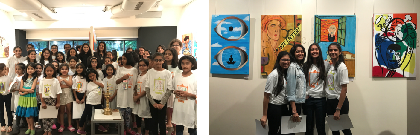 The young artists at the gallery Students pose with their paintings