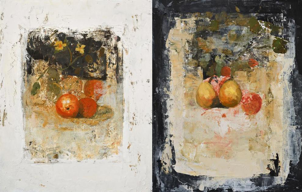 "Still life" & "Still life II", oil & wax on wood, 19 3/4" x 15 3/4" 