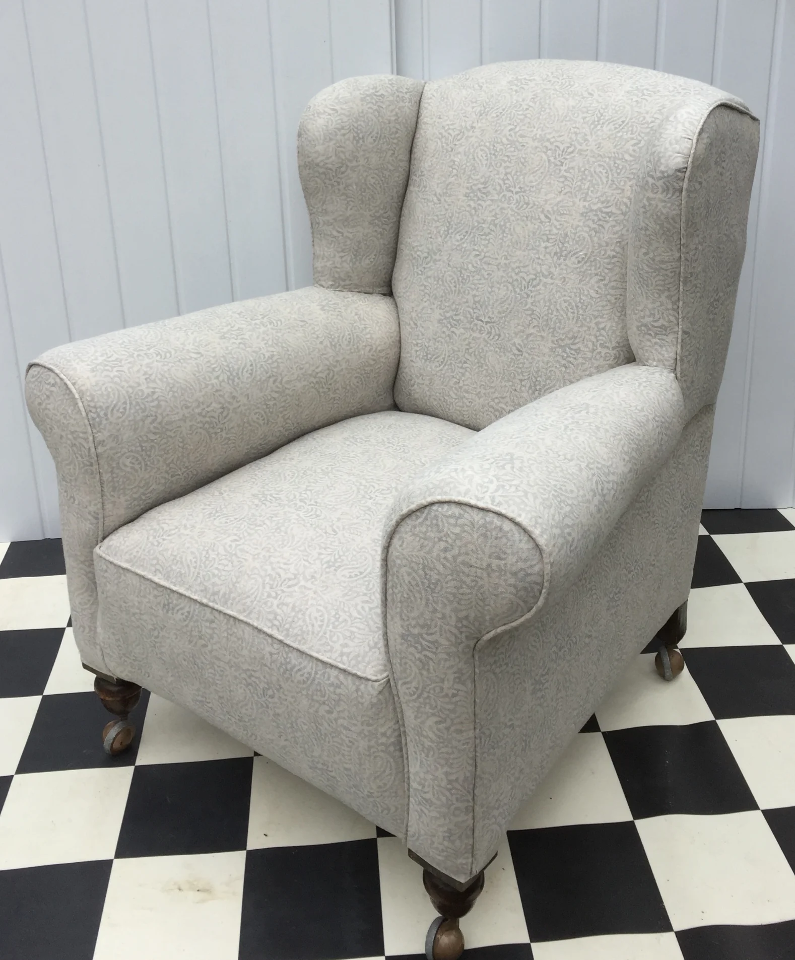 1940s armchair upholstered in Peony & Sage India, Heavy Rain
