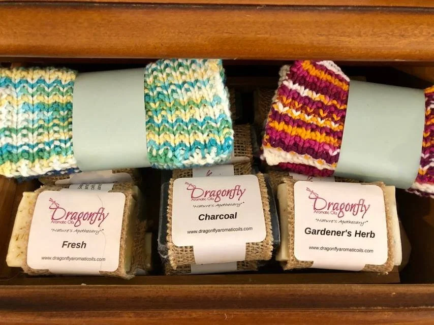 100% cotton washcloths or soap sacks, and some homemade soaps from Dragonfly Aromatic Oils