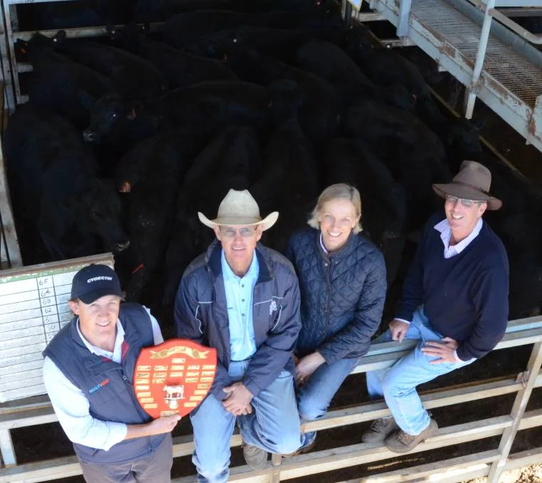 Pictured is Ben Kidd, Cydectin, Dubbo, Jamie and Sarah Inglis and buyer Ross Plasto, Plasto and Company, Wellington. Image credit: Mark Griggs, The Land Newspaper