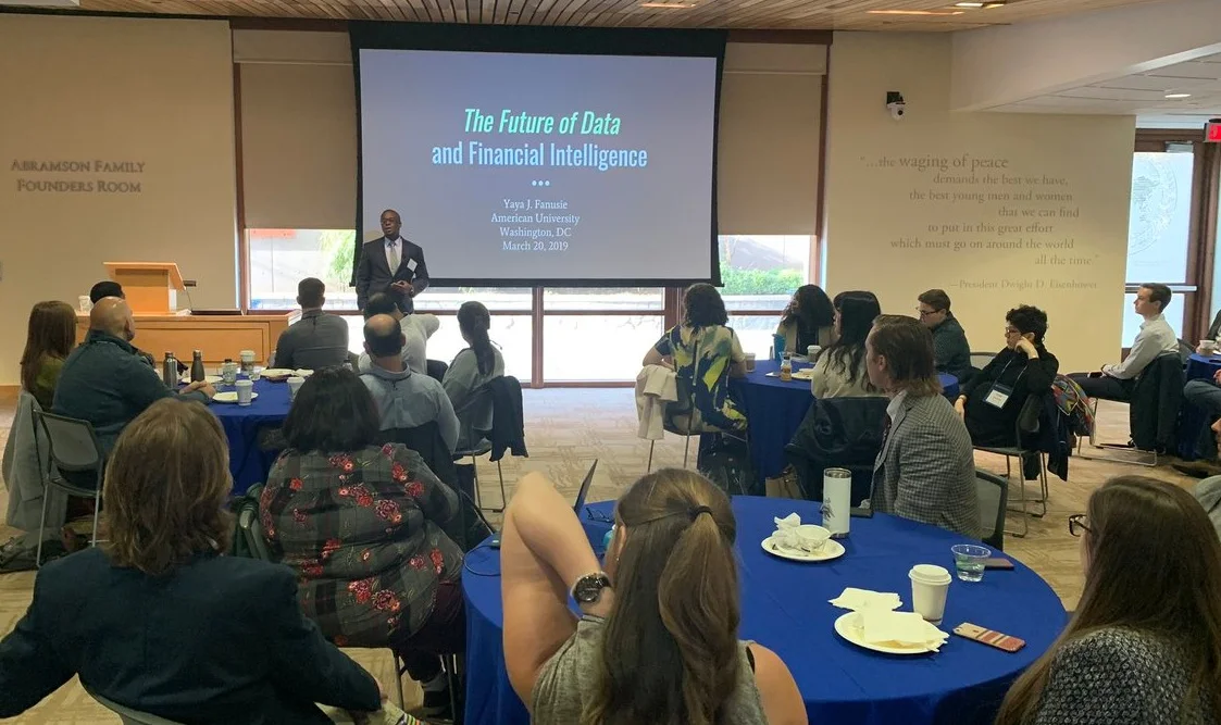 Yaya Fanusie giving opening remarks before his presentation on data and financial intelligence.