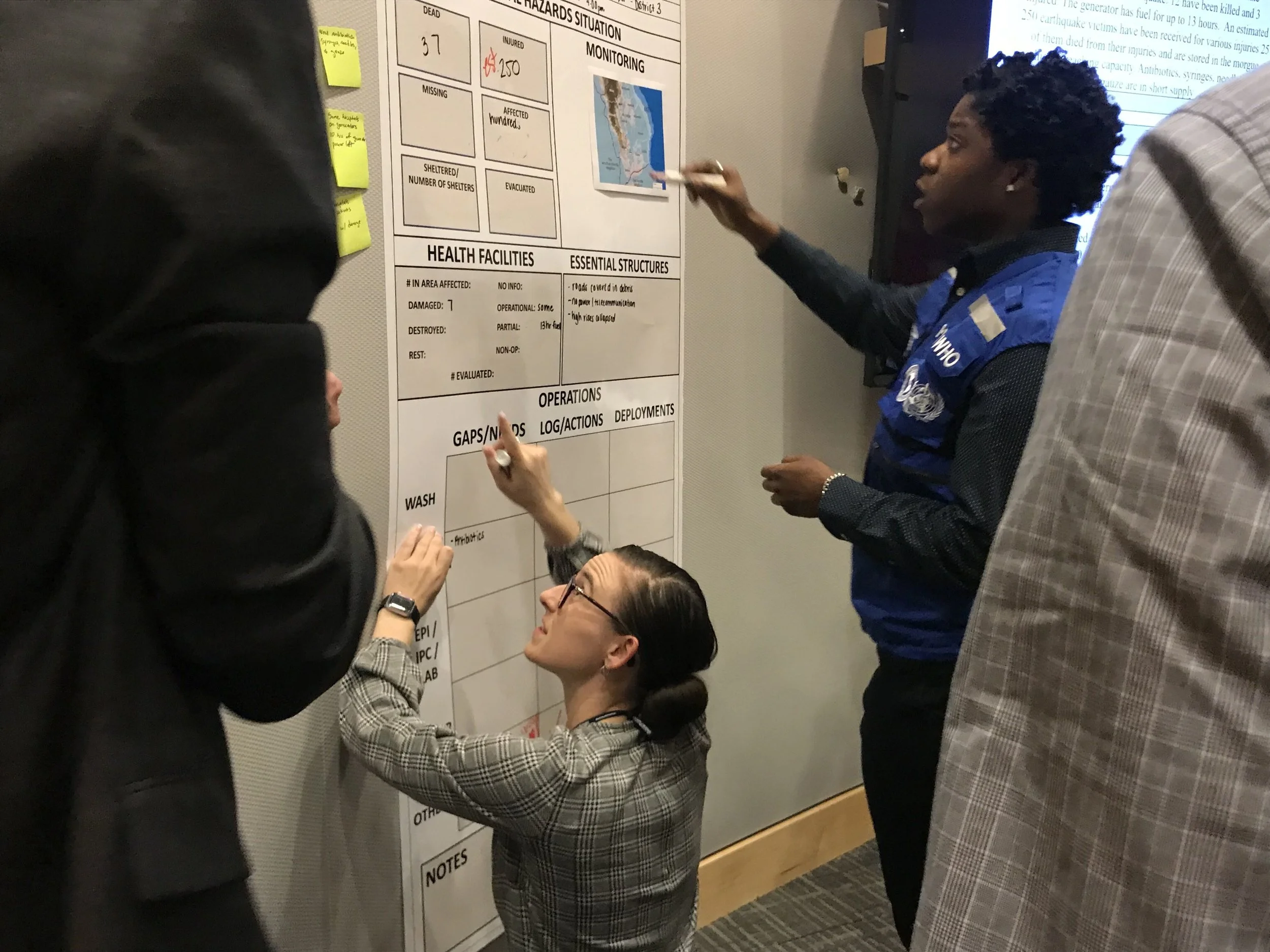 Students working together on a simulated disaster response situation, taking on the role of a PAHO emergency responder.