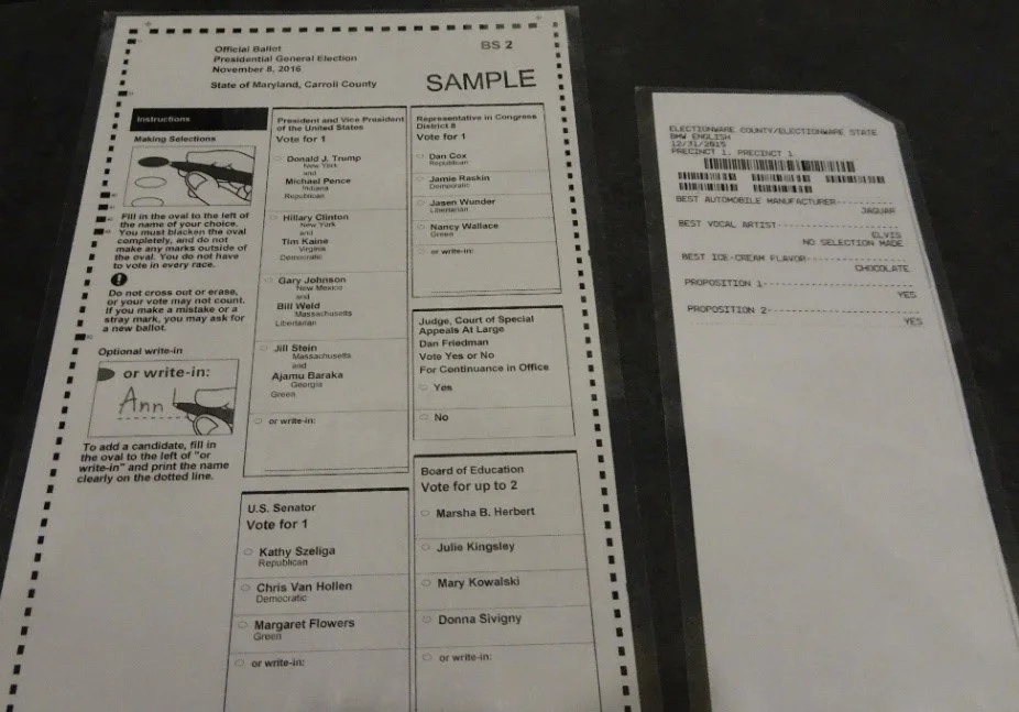 Maryland’ standard voting ballot beside the ballot for persons with disabilities.
