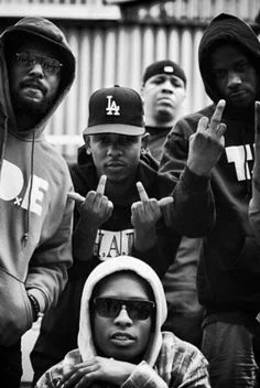 The Core Four Of The Black Hippy Collective: Foreground Center (Ab-Soul), Middle Center (Kendrick Lamar), Opposite Sides-Left (Schoolboy Q) and Right (Jay Rock).