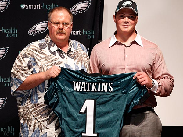 The 30-Year-Old, Canadian Fire-Fighting, Rugby Player turned Offensive Guard, Danny Watkins became the poster boy for arguably the worst draft in Eagle history, 2011. The only player of the eleven drafted that year who made any impact is the mouthy, light-in-the-ass older, two-penalty-a-game, less talented brother of the Chiefs tight-end Travis Kelce, center Jason. Meanwhile, we think Travis is protesting a bit too much about that obvious hold on James Harrison at the end of the Checifs playoff loss to the Steelers Sunday night.