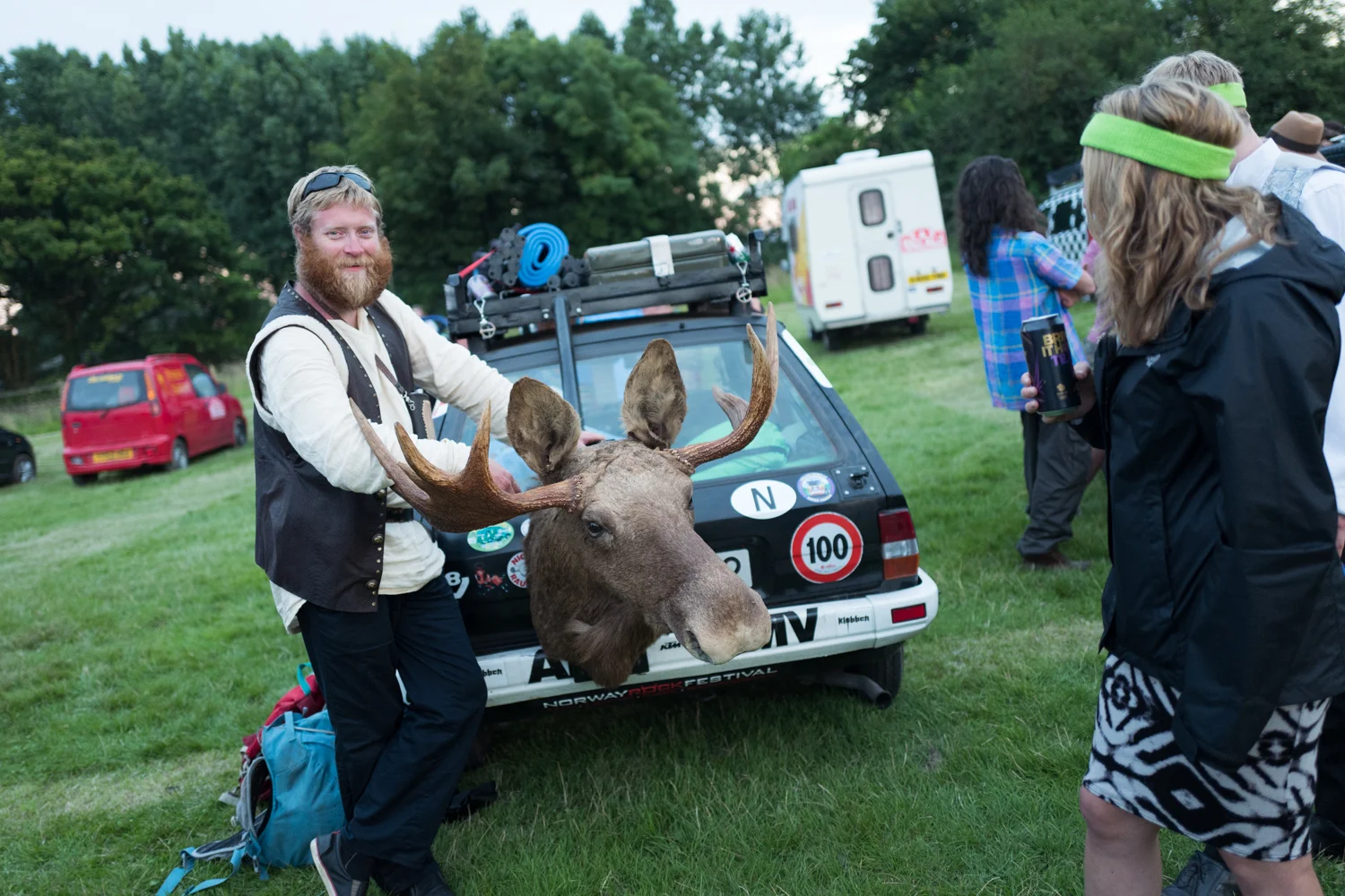 Team Fiesta Vikings drove 1500 km from Norway to the launch with a moose head on the back of their car