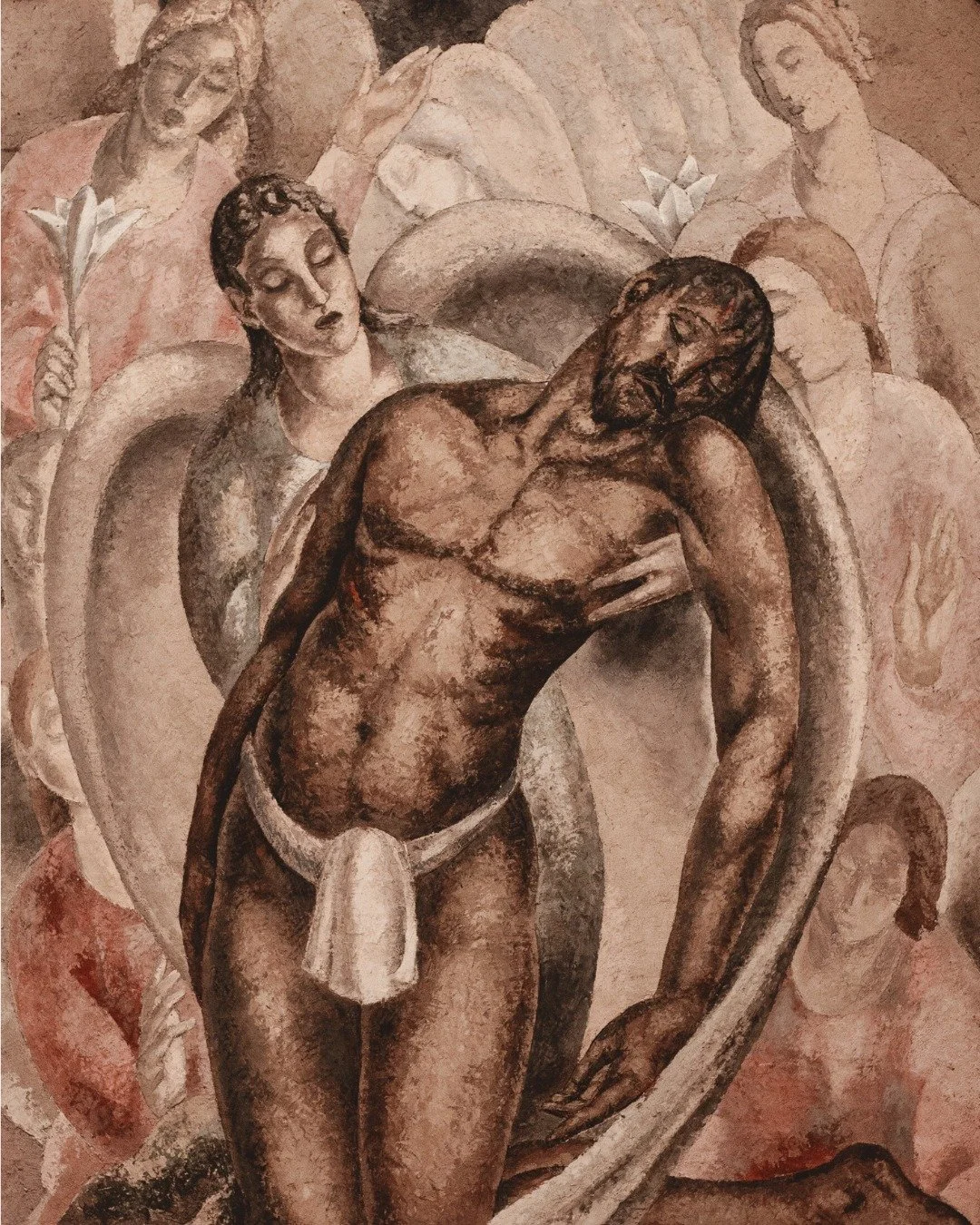 CHRISTIAN ART REPRESENTATION

Something that caught my eye was a depiction of Christ at the moment of his death. He is surrounded by angels, with white wings, but Christ is noticeably tanner than his angelic counterparts. It was the first depiction I