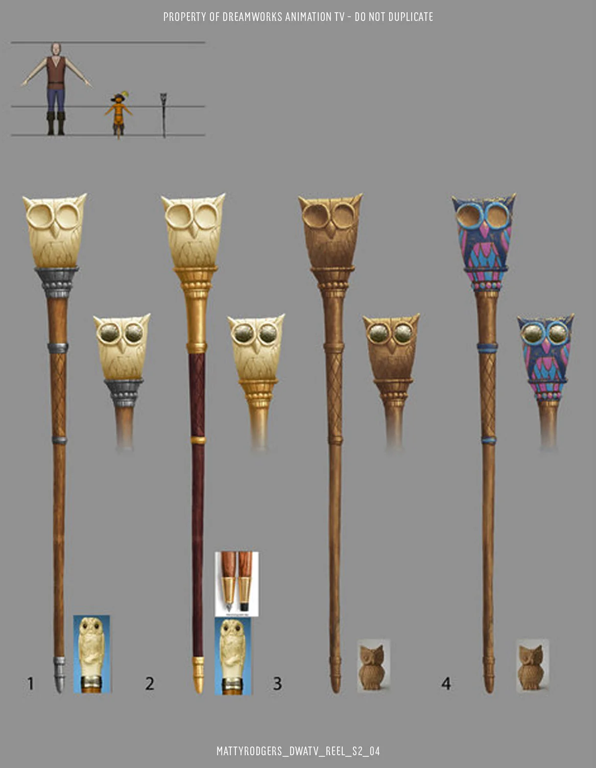This owl staff was designed by Jake Collinge. I had a lot of fun playing with materials on the colour pass. This is a good example of how handing off the colour pass to an artist other than the one who designed the prop can bring fresh ideas to the asset. Normally three options would be enough for such a simple asset, but I was enjoying myself on this one.