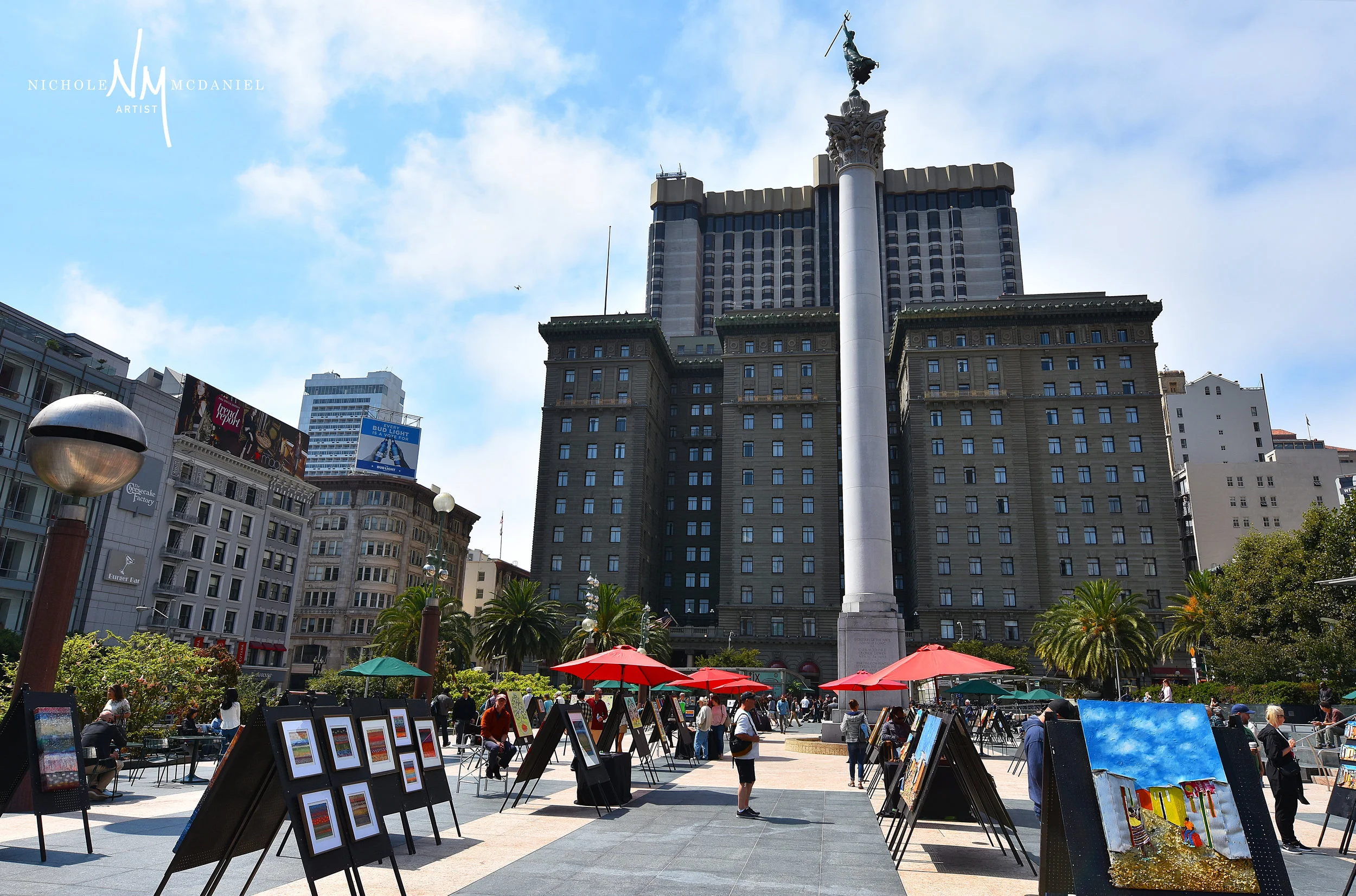 "Under Artistic Umbrellas"This square now surrounded by great shopping got its name because it was once used for rallies in support of the Union Army during the Civil War.4 sculptures from Hearts in San Francisco are placed in the corners. Besides t…
