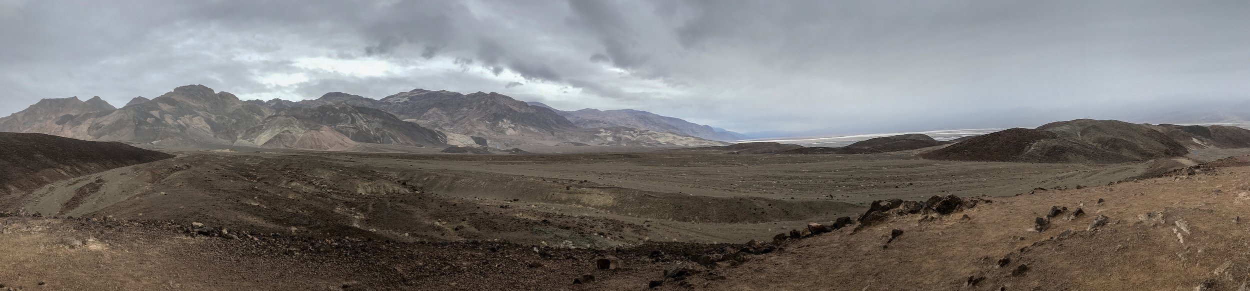 Panoramic View from Artist’s Palette, Death Valley with the storm clouds in Winter.Photo By: Nichole McDaniel