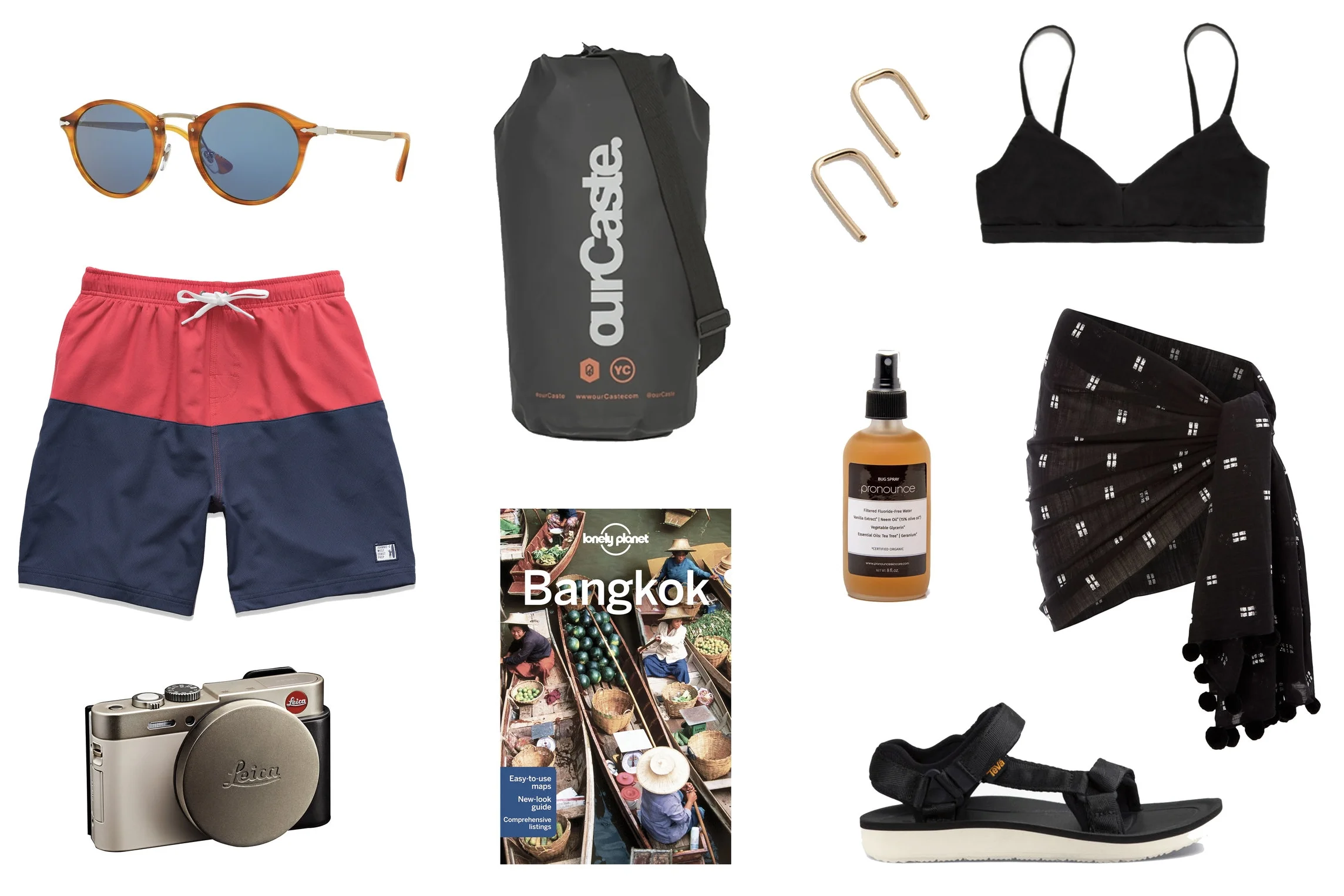 1) Persol Calligrapher Edition Sunglasses 2) ourCaste Dry Sack in Black 3) Gold Horseshoe earrings 4) Land of Women x The Dreslyn Classic Bikini Top in Black 5) Johnnie-O Jackson Swim Trunks 6) Pronounce Bug Spray 7) Seafolly Metallic Jacquard Sarong 8) Leica C Digital Camera in Light Gold 9) Lonely Planet Bangkok Travel Guide 10) Teva Original Universal Premier in Black 