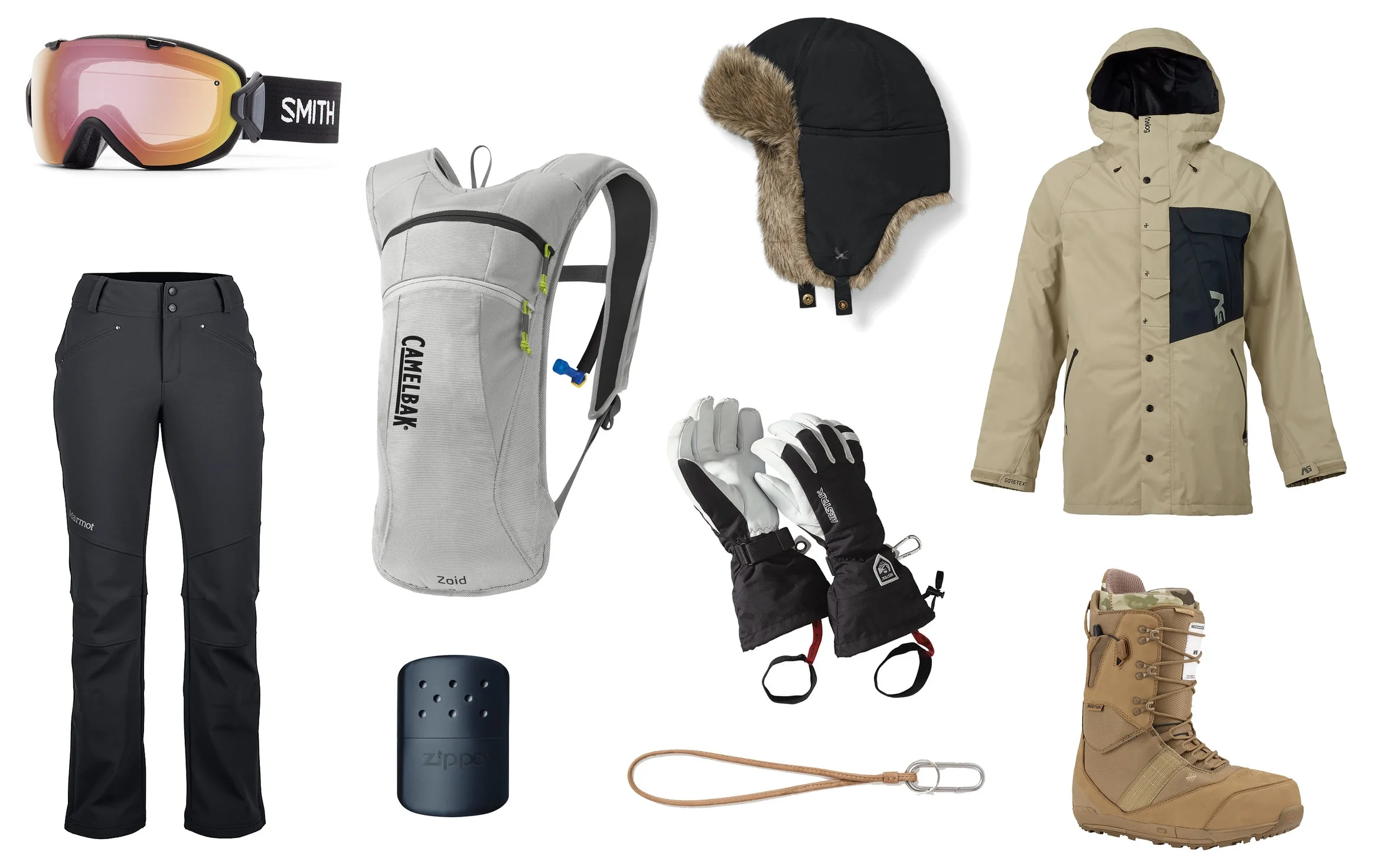 1) Smith I/OS Photochromic Snow Goggles 2) CamelBak Zoid Hydration Pack in Silver 3) Eddie Bauer Down Aviator Hat in Dk Smoke 4) Analog Zenith Gore-Tex Snowboard Jacket 5) Marmot Wm's Kate Pant in Black 6) Zippo 12-Hour Hand Warmer in Black 7) Hestra Heli Glove 8) Leather Keyring Lanyard 9) Burton 2016 Fiend LTD Snowboard Boots UNDFTD