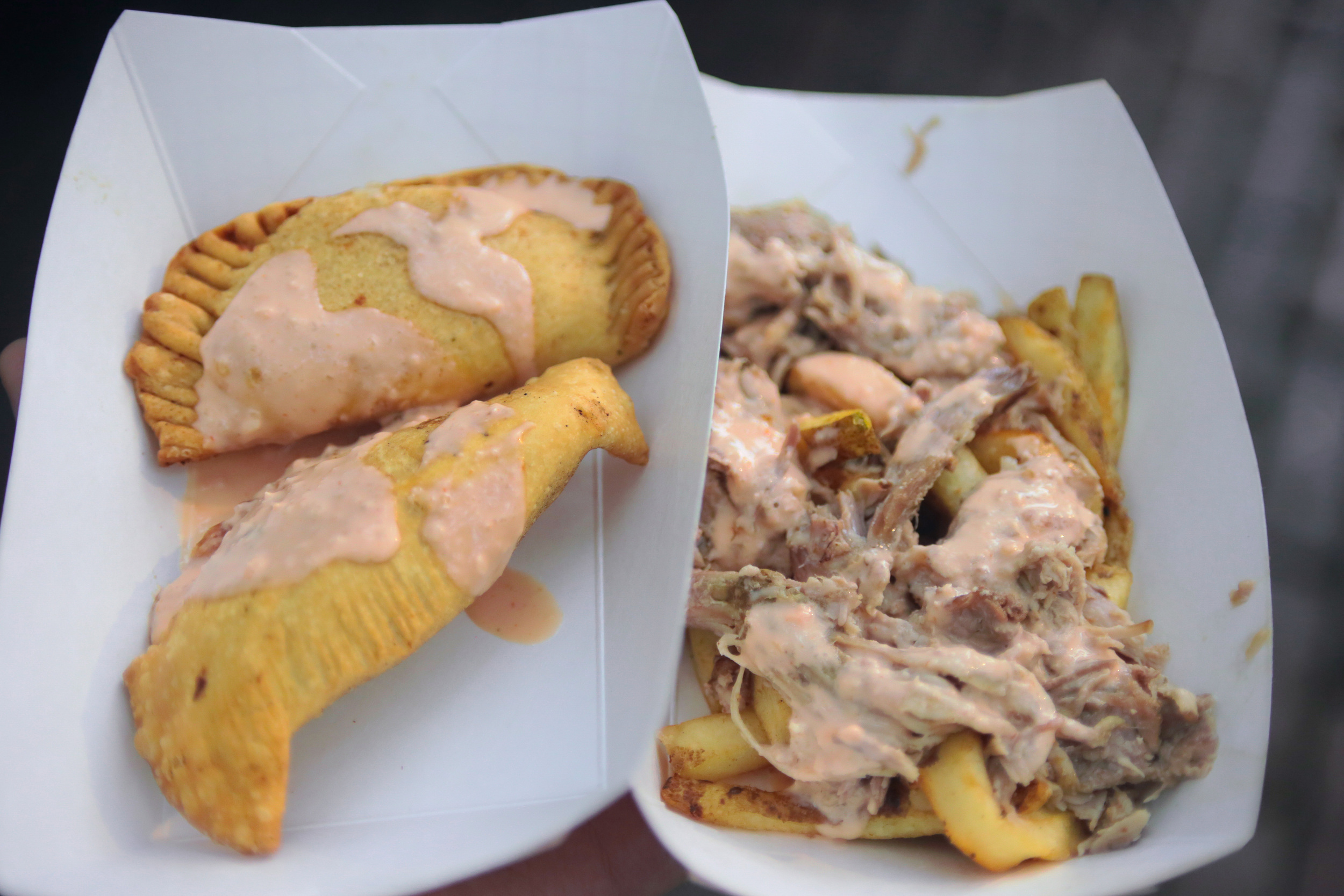 Chicken Empanadas w Pulled Pork Nacho Fries... Sauce, Bangin'!