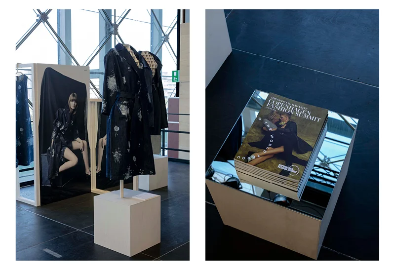 Exhibition view of the Denim Challenge, denim coat on display by Svilu .