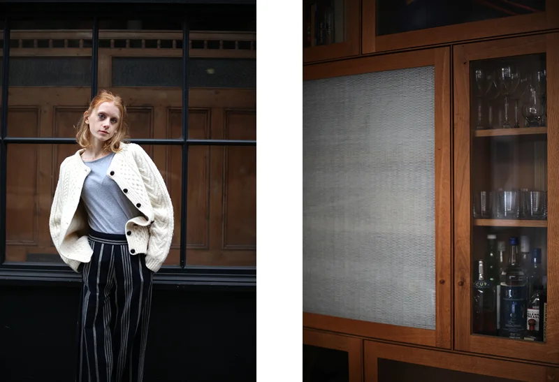 Above: Lauren wears a cropped vintage top in blush pink, below: Lauren wears a vintage Aran wool cardigan.