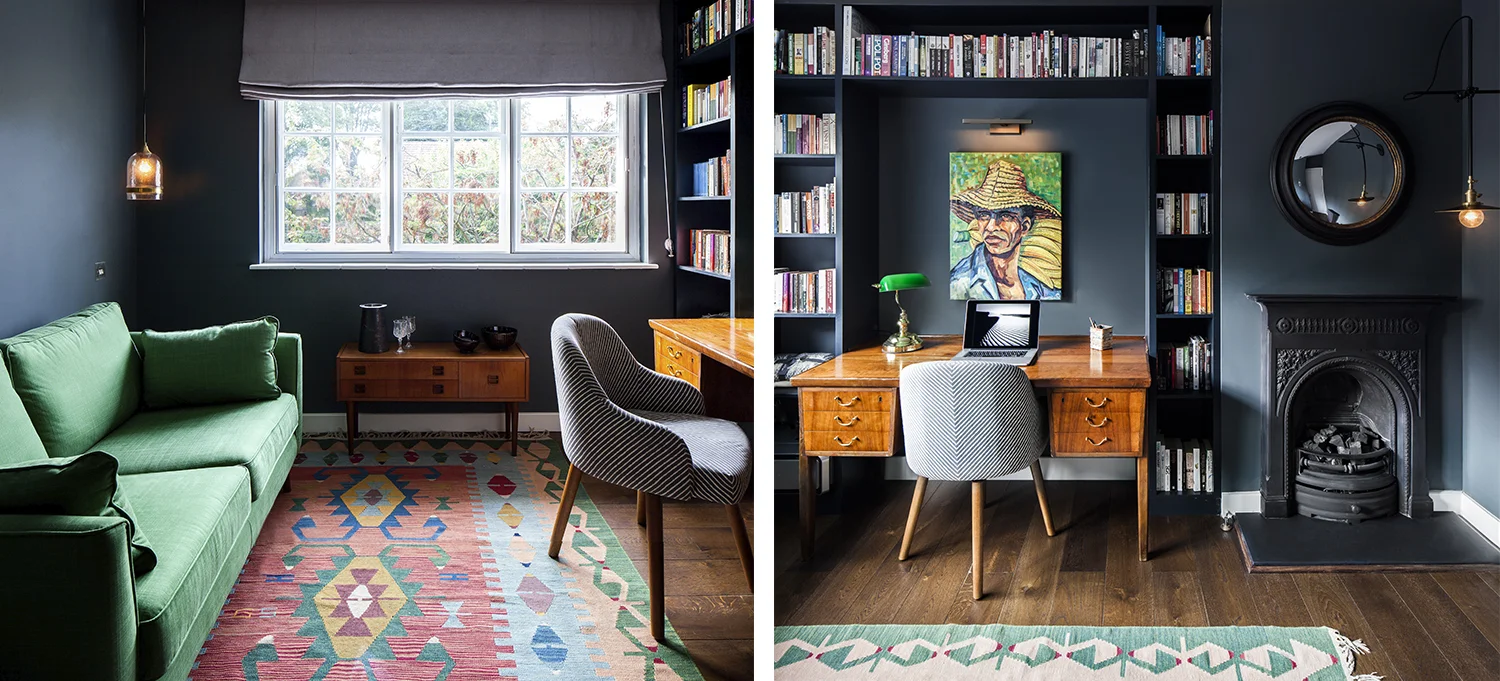   The study has bold use of colour on the walls for a smaller space which offsets the colourful art and 1950s furniture.  