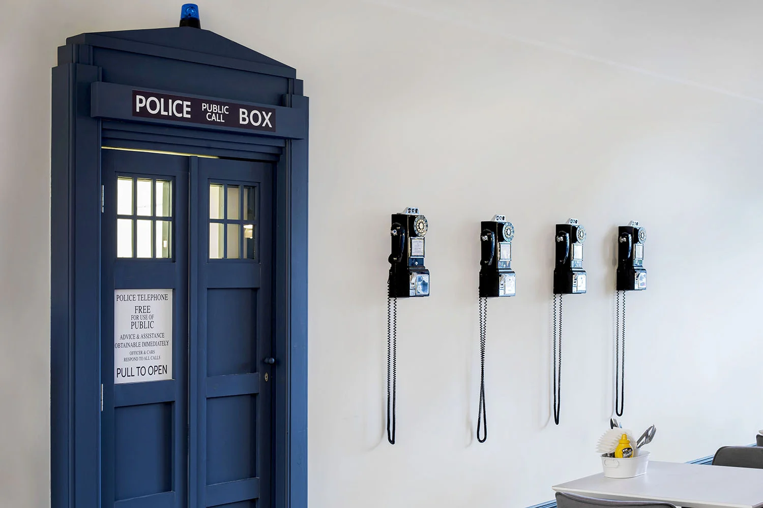  And finally, let's not forget where we are! Matteo hasn't and he reminds us with a fantastically kitsch, bright red, old London style phone box (seen in picture 2 ) And a quirky police Tardis phone booth to make a rather ordinary entrance to the staff only store room that little bit less ordinary!&nbsp; 