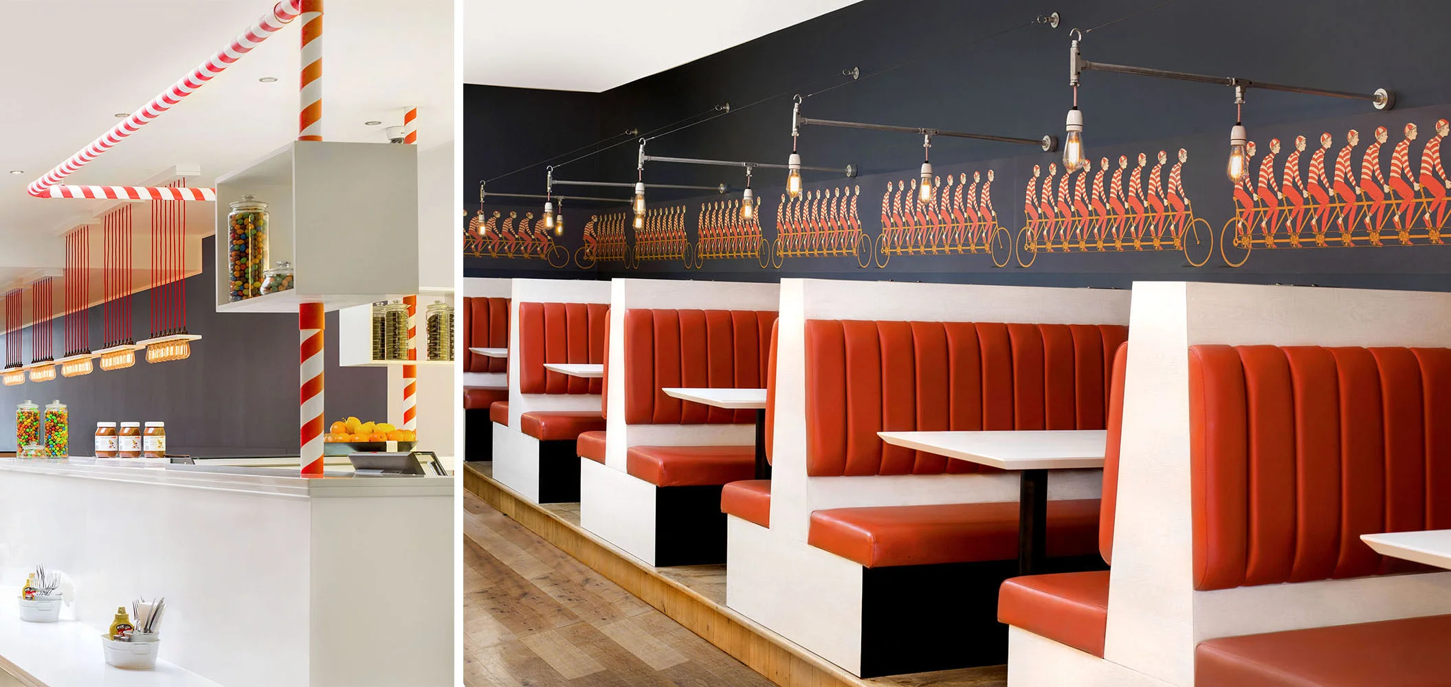  The candy stripe is cleverly mirrored in the playful wall paper surround. Every component is considered on colour and relevance to it's old counterpart, the American Diner, to make this eatery a fabulous blend of classic and modern.&nbsp; 