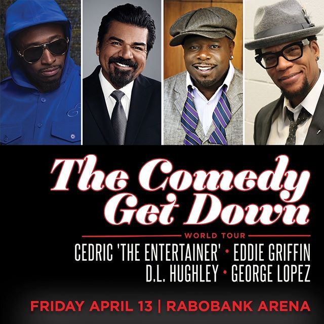 Tickets on sale now, Bakersfield! The Comedy Get Down Tour is back by popular demand and hits the Rabobank Arena Friday, April 13. Don't miss your chance to see these four comedy legends LIVE on one stage.
#cgdtour #comedygetdown #cedrictheentertainer #eddiegriffin #dlhughley #georgelopez #bakersfield #bakersfieldca #bakersfieldcalifornia #rabobankarena