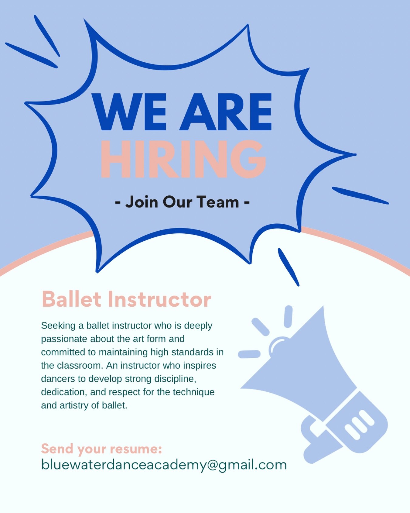 🩰HIRING A BALLET INSTRUCTOR🩰

Send us your resume🩵
bluewaterdanceacademy@gmail.com