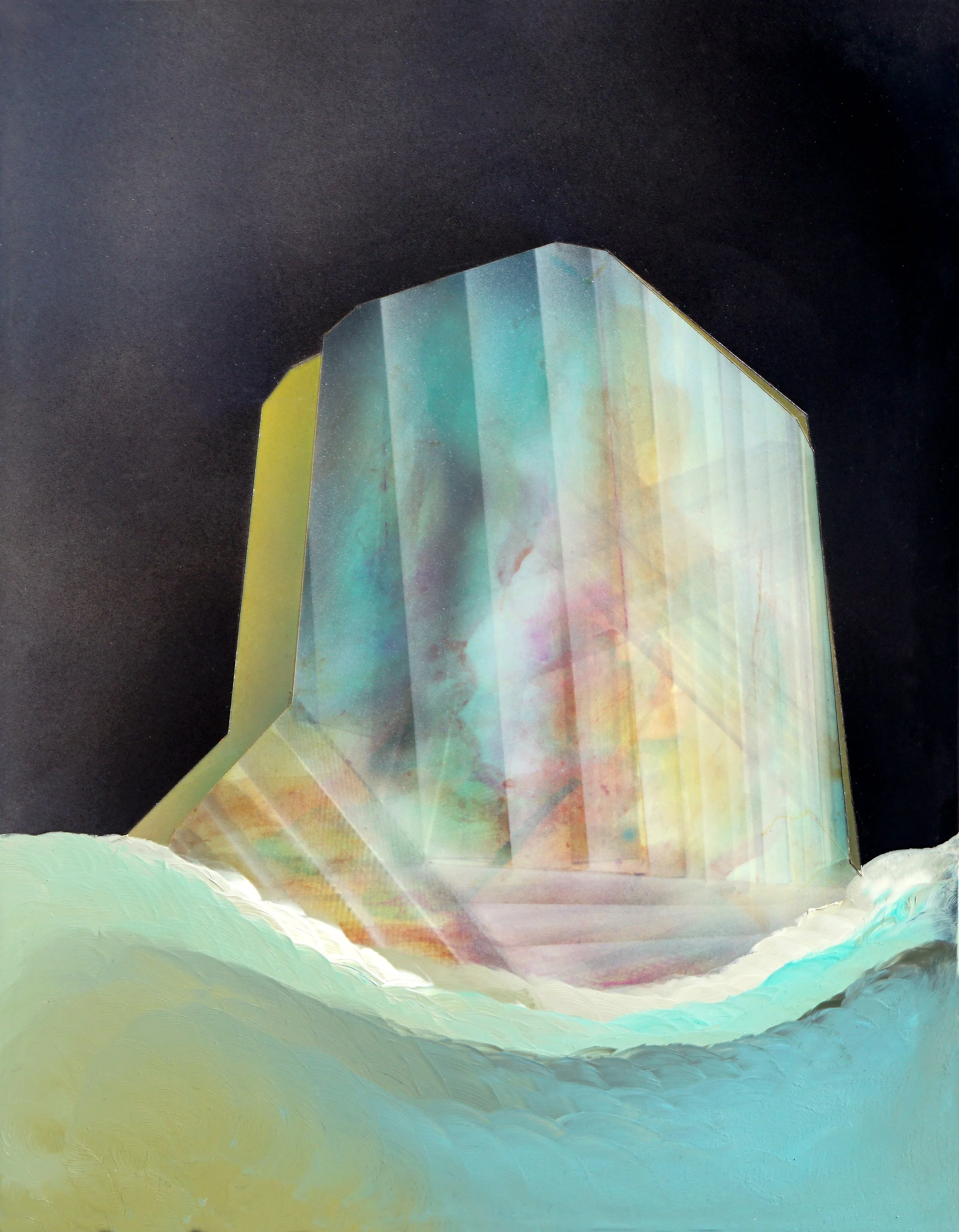 wave rider ii, 2025, oil and handmade ink on toned gessoed panel, 14x11 inches