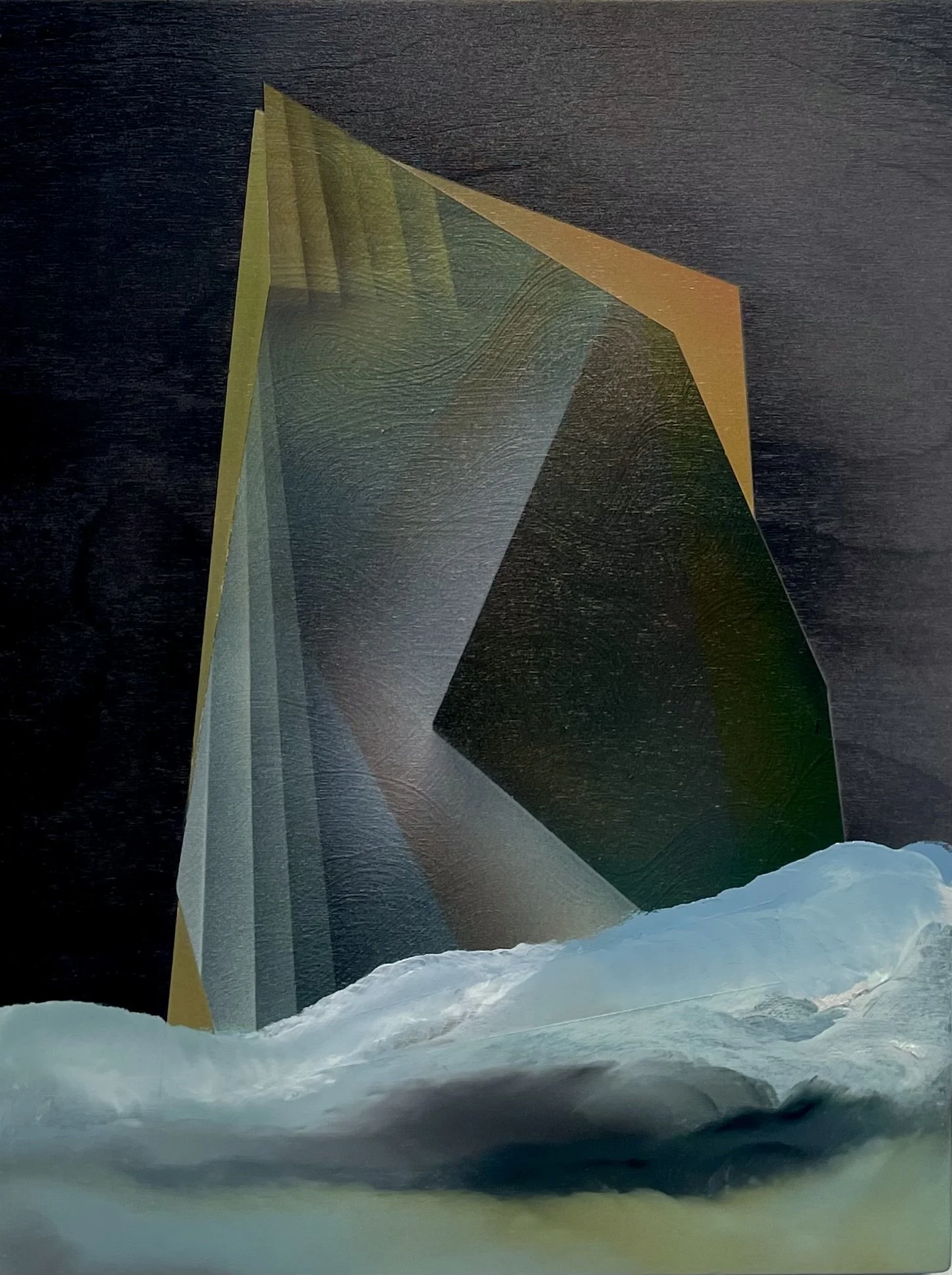 wave rider i, 2025, oil and handmade ink on toned gessoed panel, 16x11 inches