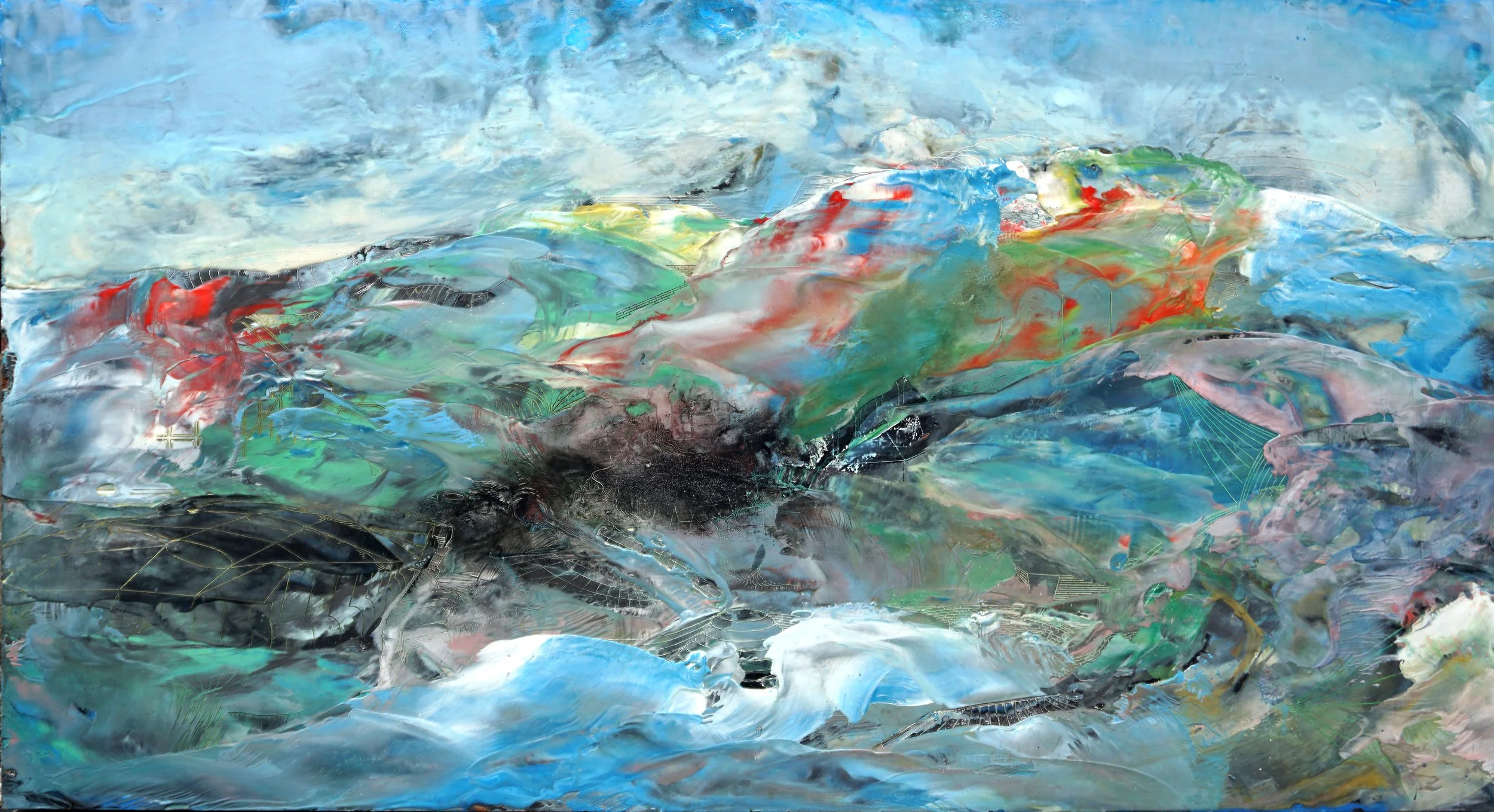 rovers on the surface iv, 2025, oil and encaustic on panel, 26x48 inches