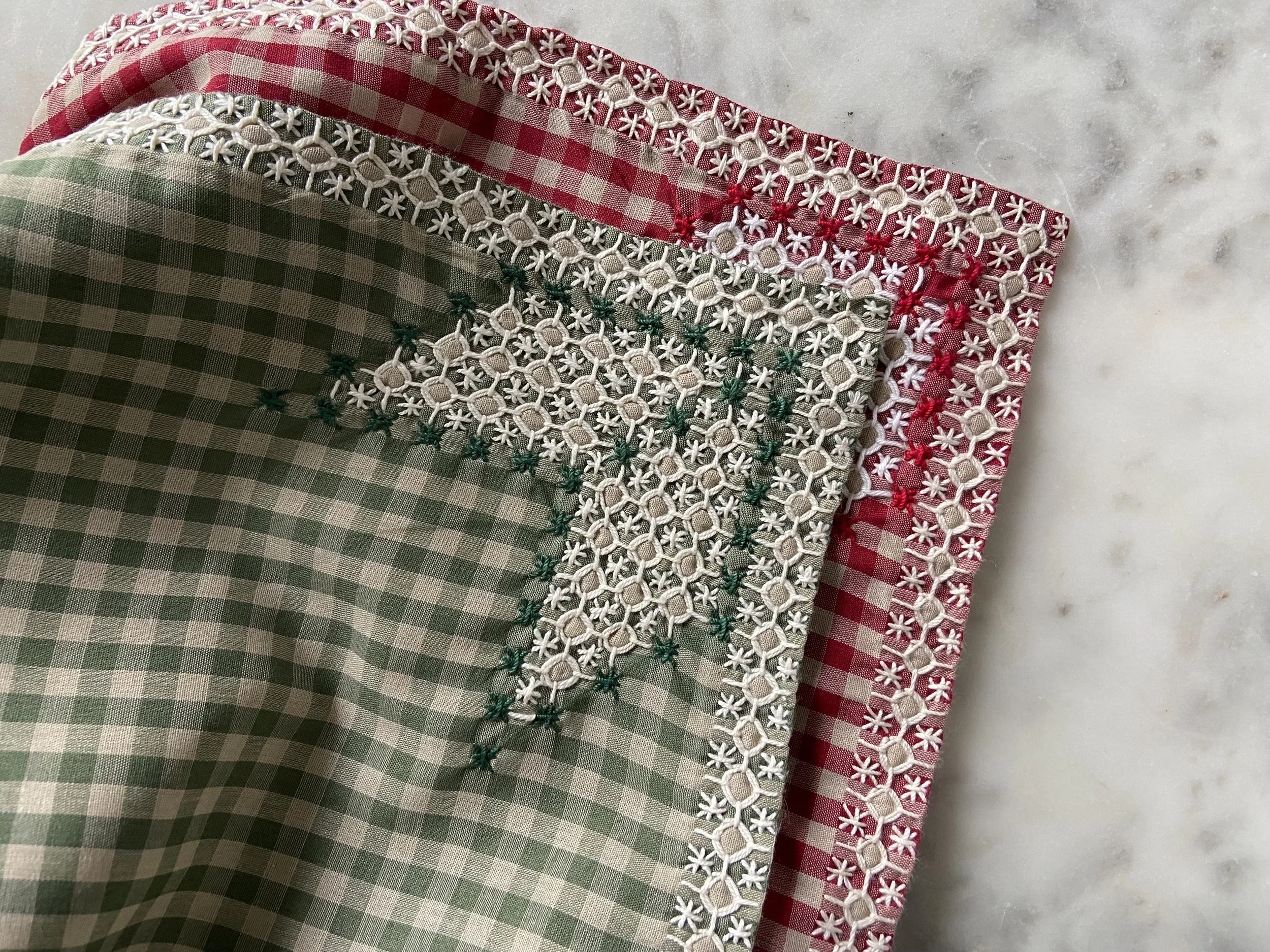 Vintage Green Gingham Chicken Scratch Embroidered scarf