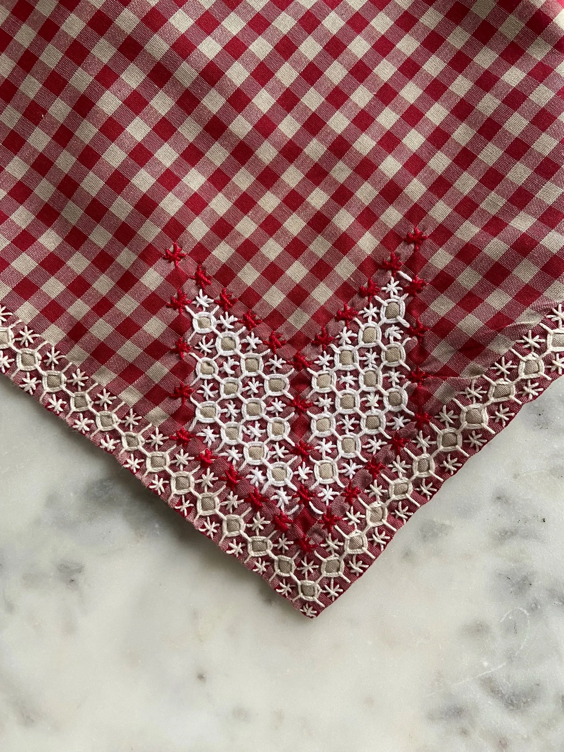 Vintage Red Gingham Chicken Scratch Embroidered Scarf