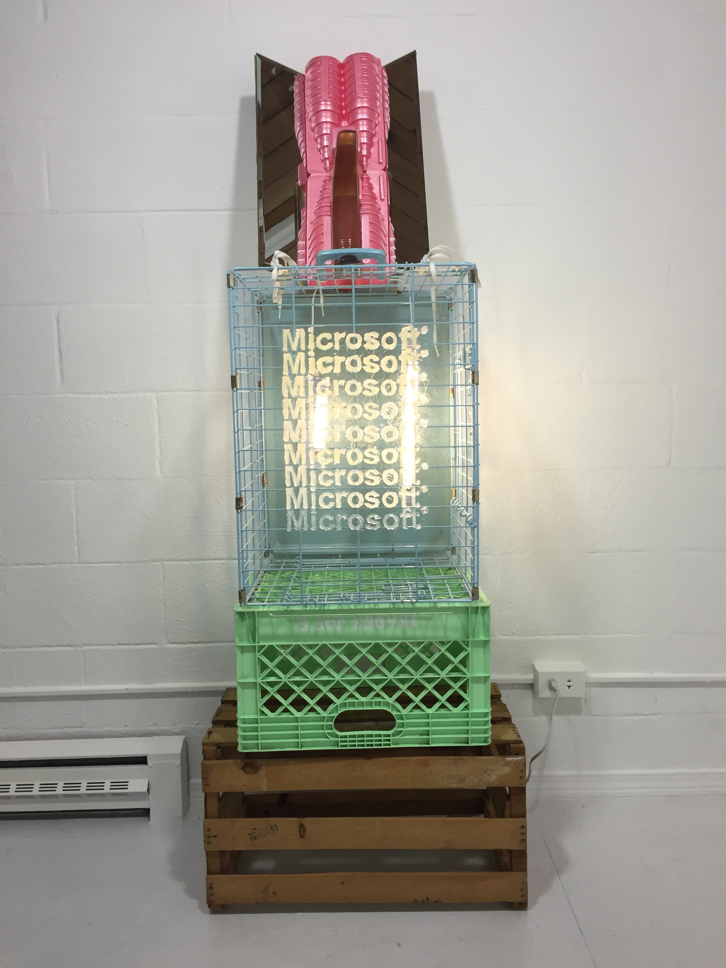 Microflaccid - 2015 - 68x35 inches - Plexiglass, Hot Glue, Mirrors, Styrofoam, Ergonomic Wrist Rest, Enameled Wire Crate, Plastic Crate, Wooden Crate, Shoelaces, T8 Florescent Fixtures