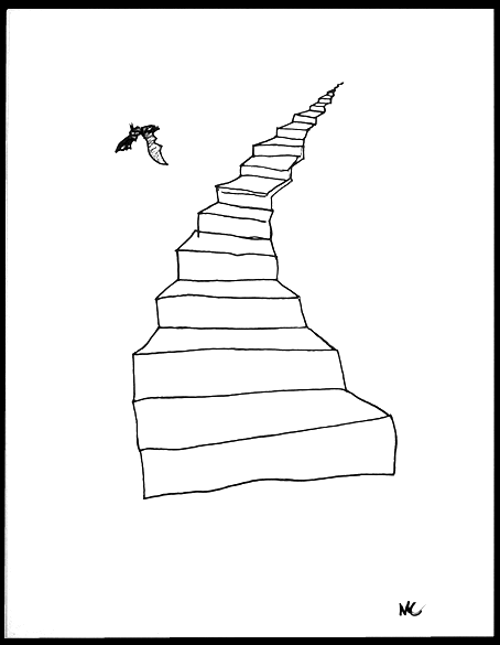 Untitled (Bat w/ Stairs) pen on paper 18x14" 1994