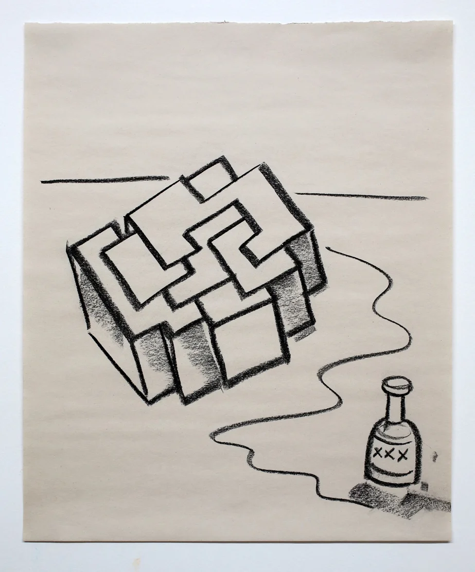 Untitled (Cube w/ Booze) charcoal on paper 17x14" 2016