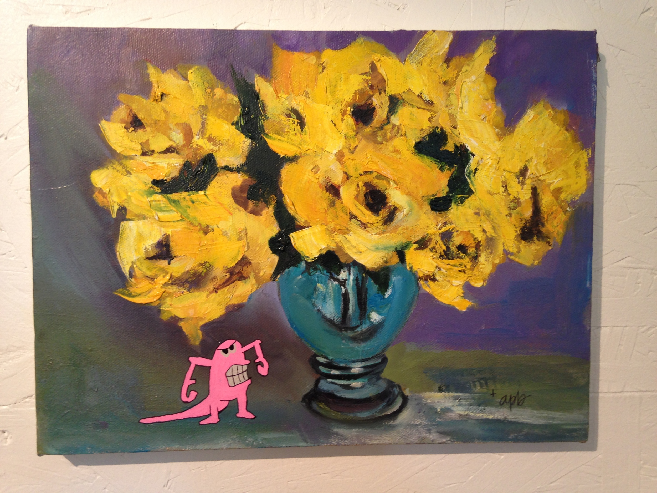 Pink monster with yellow flowers
