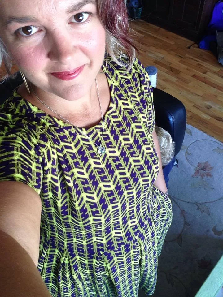 LuLaRoe Amelia dress, $65, size 2XL. Do you spy Arlo's little blond curls?
