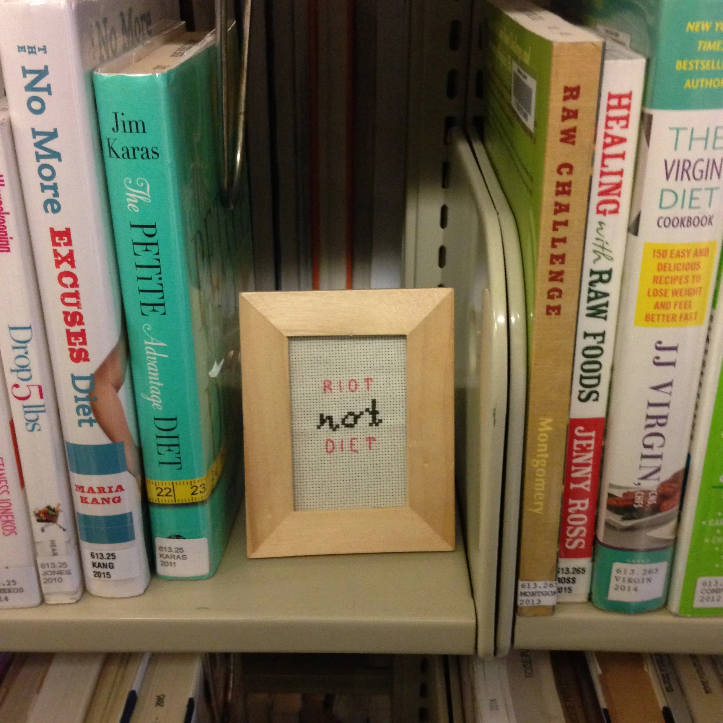 Hand stitched riot not diet needlepoint guerrilla art project by yours truly, 2015, hidden in various locations around town, this one at the Boise Public Library main branch in the diet book section.